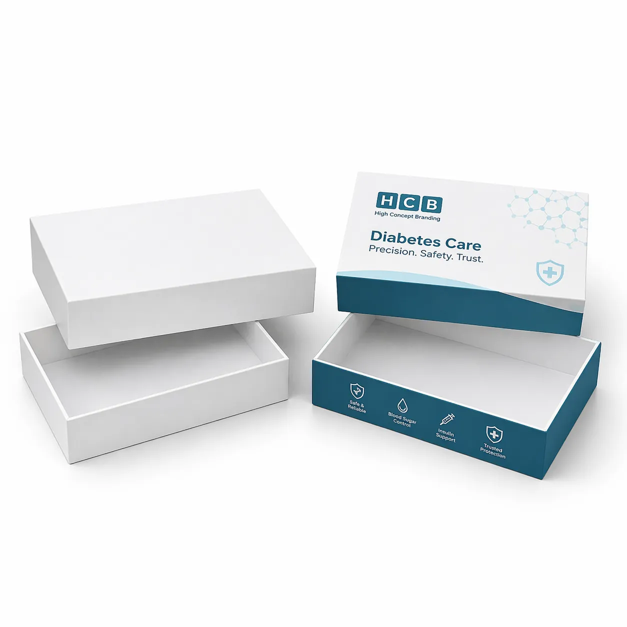Two cardboard mailing boxes, one plain white and one featuring blue medical insulin branding. class=